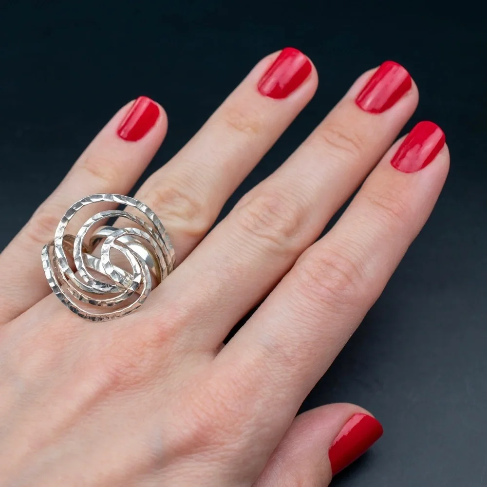 Bold extravagant silver ring for women, unusual large stoneless ring size 6 US